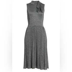 KATE SPADE Black/Silver Metallic Bow-Tie High Neck Knit Sweater Pleated Dress LG